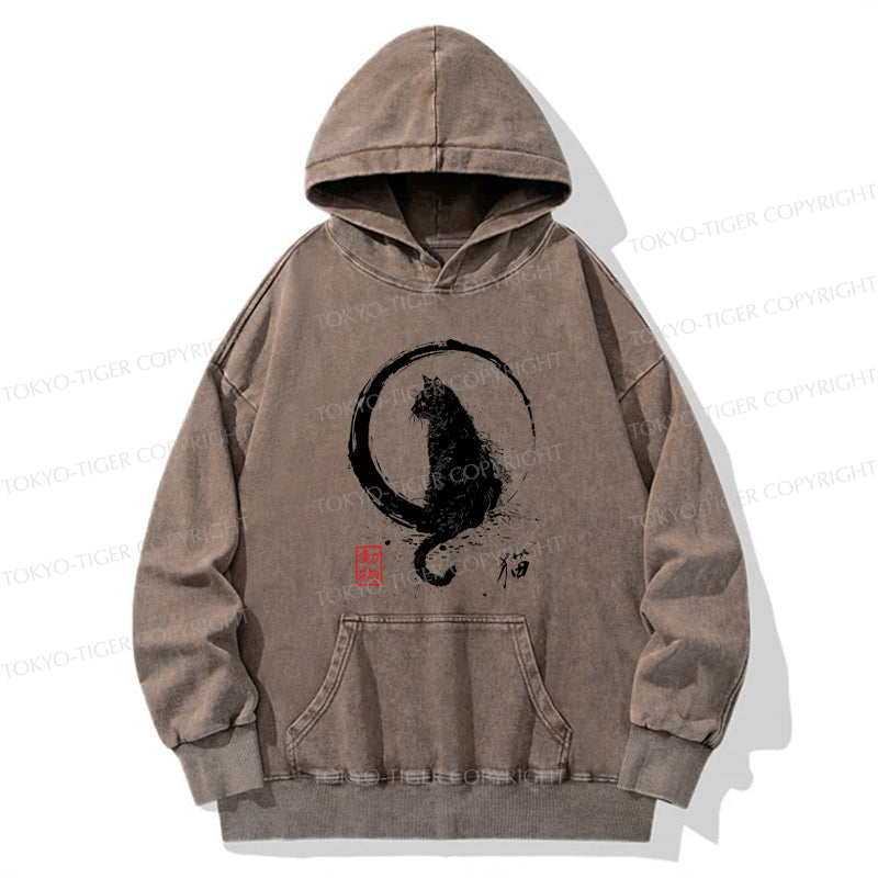 Tokyo-Tiger Retro Japanese Black Cat Washed Hoodie