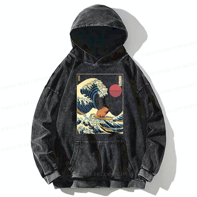 Tokyo-Tiger Capybara Surfing Washed Hoodie