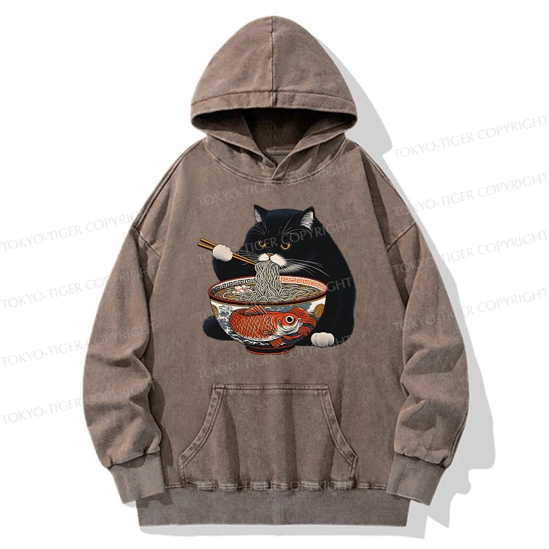 Tokyo-Tiger Fat Cat Eating Ramen Washed Hoodie