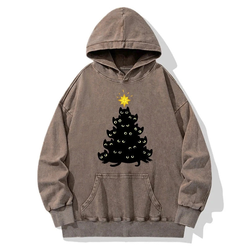 Tokyo-Tiger Black Cat Christmas Tree Washed Hoodie