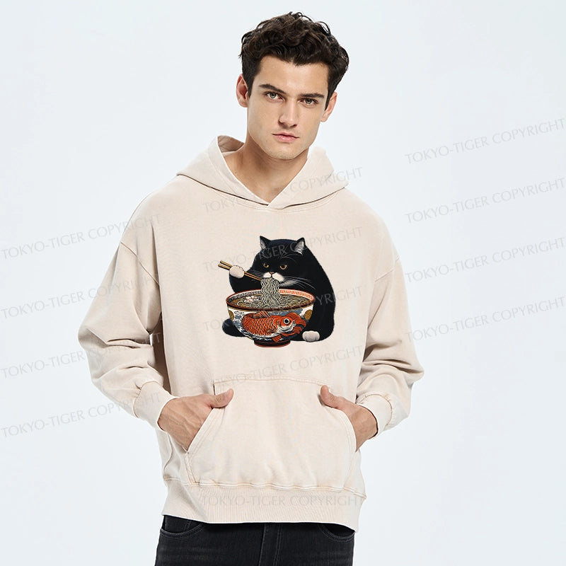 Tokyo-Tiger Fat Cat Eating Ramen Washed Hoodie