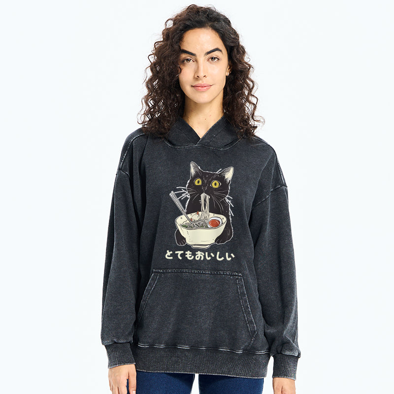 Tokyo-Tiger Cats Eat Ramen Noodles Washed Hoodie
