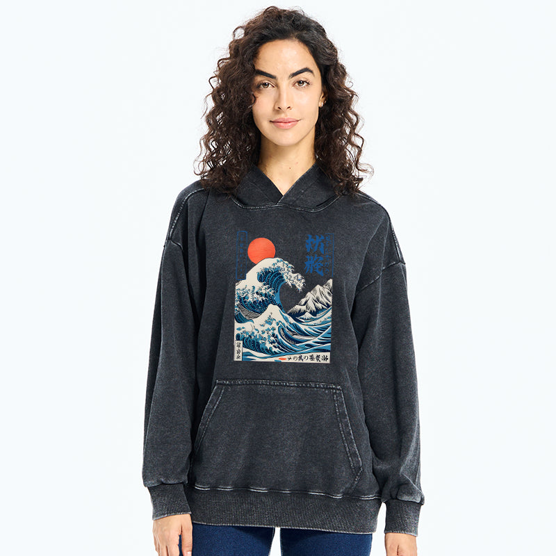 Tokyo-Tiger Ukiyo-e Ocean Waves Japan Washed Hoodie