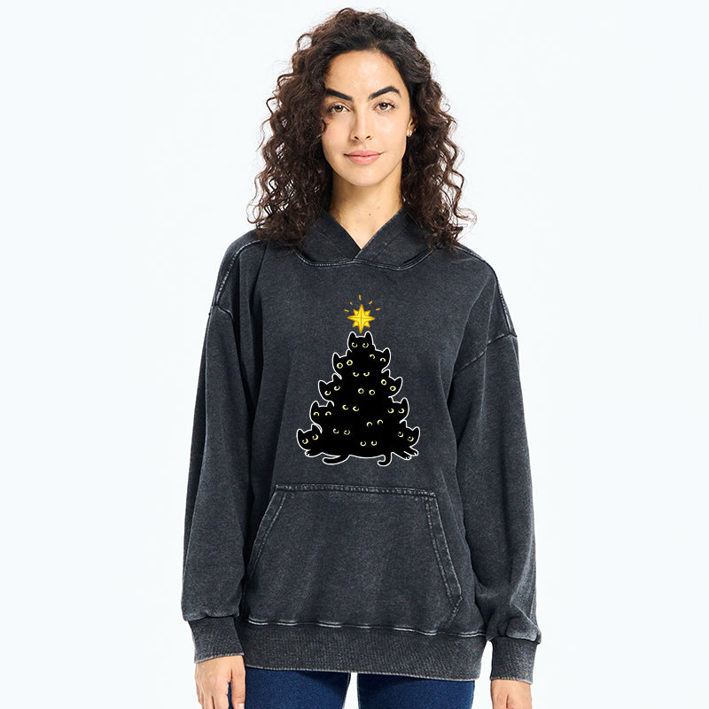 Tokyo-Tiger Black Cat Christmas Tree Washed Hoodie