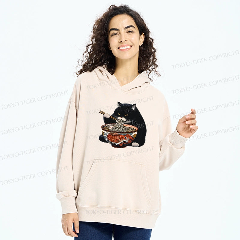 Tokyo-Tiger Fat Cat Eating Ramen Washed Hoodie
