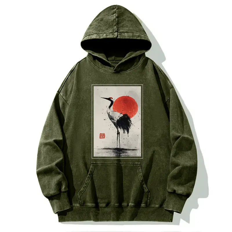 Tokyo-Tiger Retro Japanese Red-crowned Crane Washed Hoodie