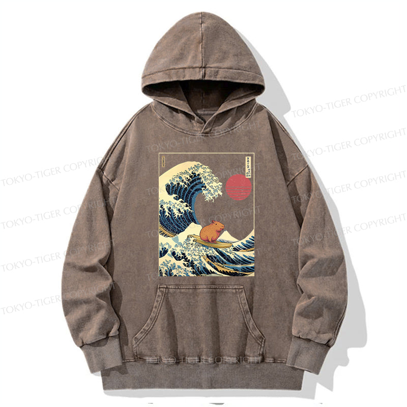 Tokyo-Tiger Capybara Surfing Washed Hoodie