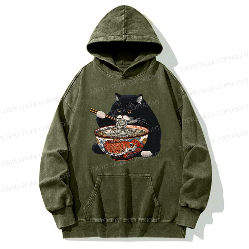 Tokyo-Tiger Fat Cat Eating Ramen Washed Hoodie