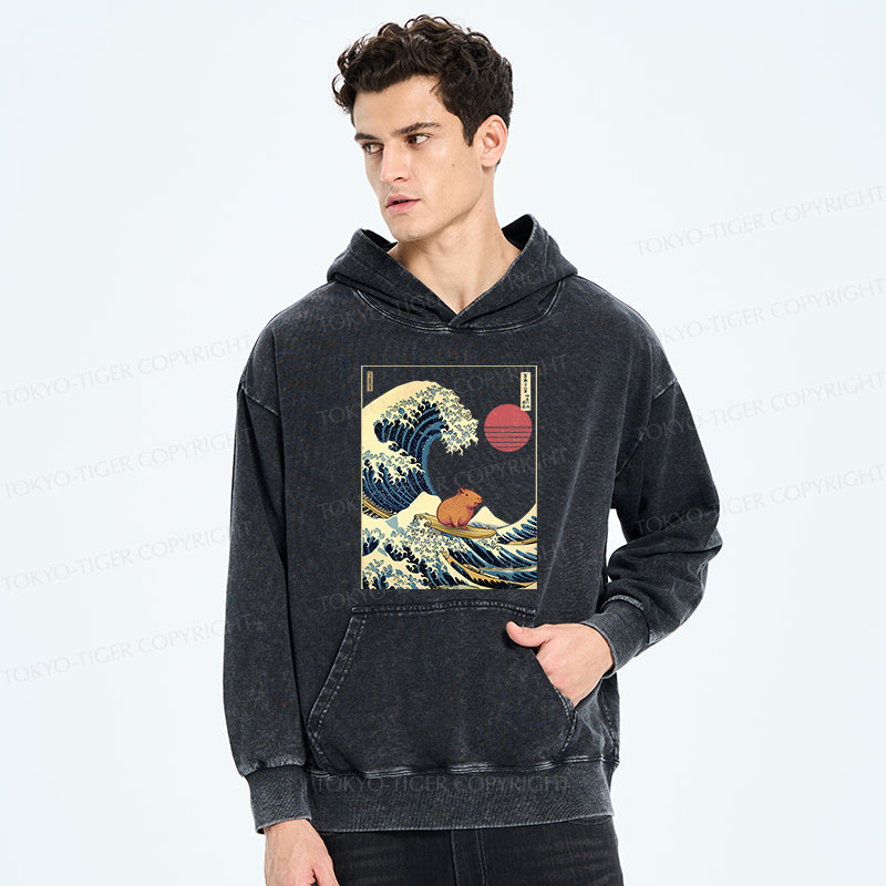 Tokyo-Tiger Capybara Surfing Washed Hoodie