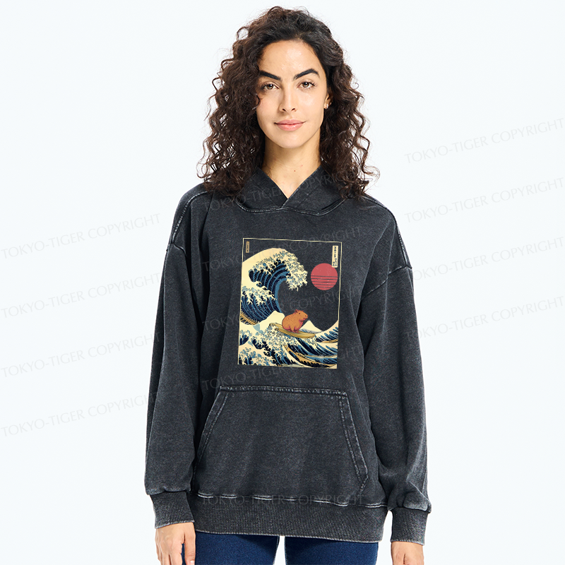 Tokyo-Tiger Capybara Surfing Washed Hoodie