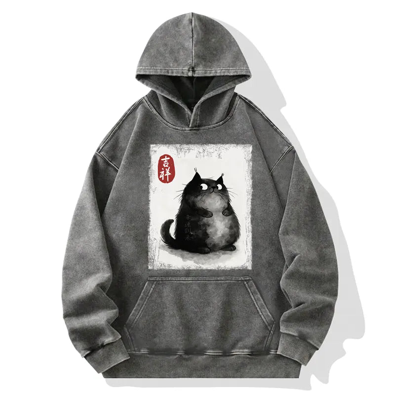 Tokyo-Tiger Auspicious Fluffy Black Cat Ink Painting Washed Hoodie
