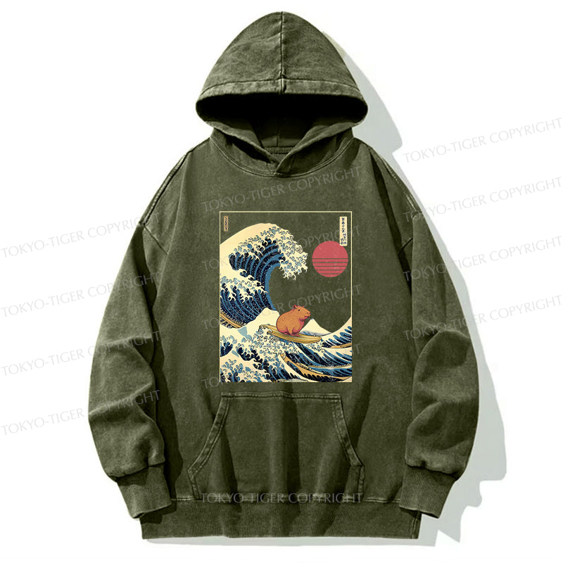 Tokyo-Tiger Capybara Surfing Washed Hoodie