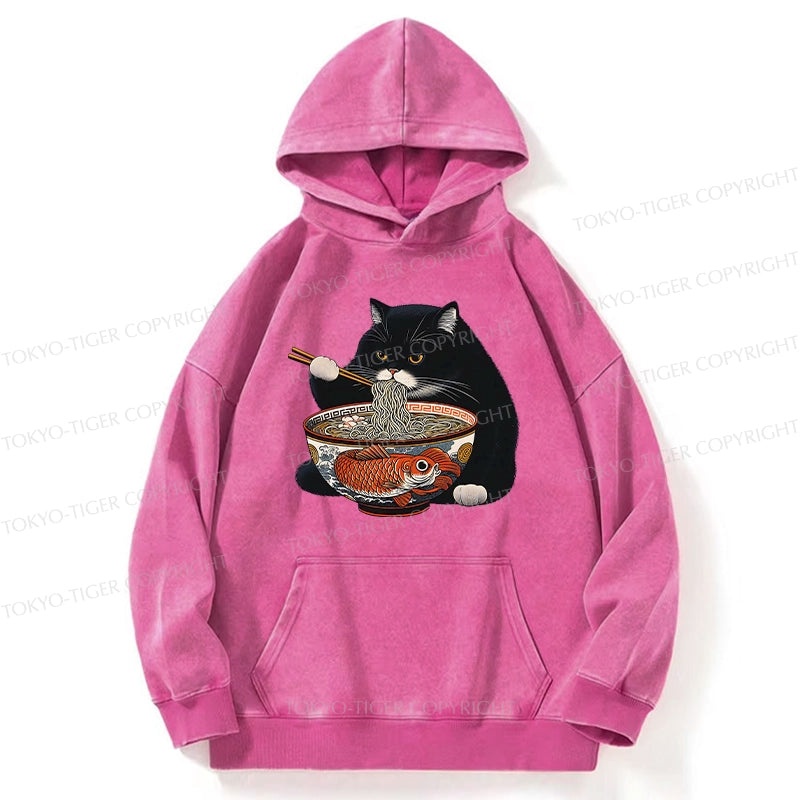 Tokyo-Tiger Fat Cat Eating Ramen Washed Hoodie