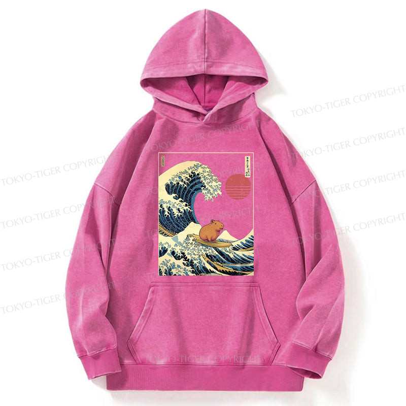 Tokyo-Tiger Capybara Surfing Washed Hoodie