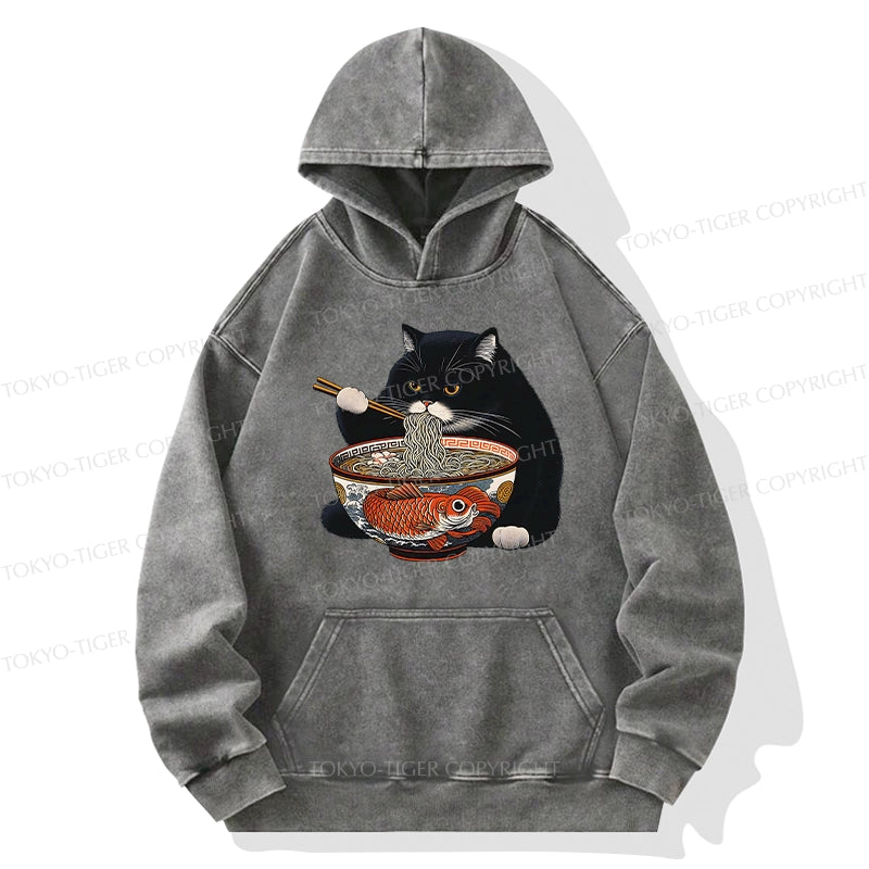 Tokyo-Tiger Fat Cat Eating Ramen Washed Hoodie
