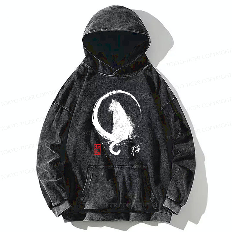 Tokyo-Tiger Retro Japanese Black Cat Washed Hoodie