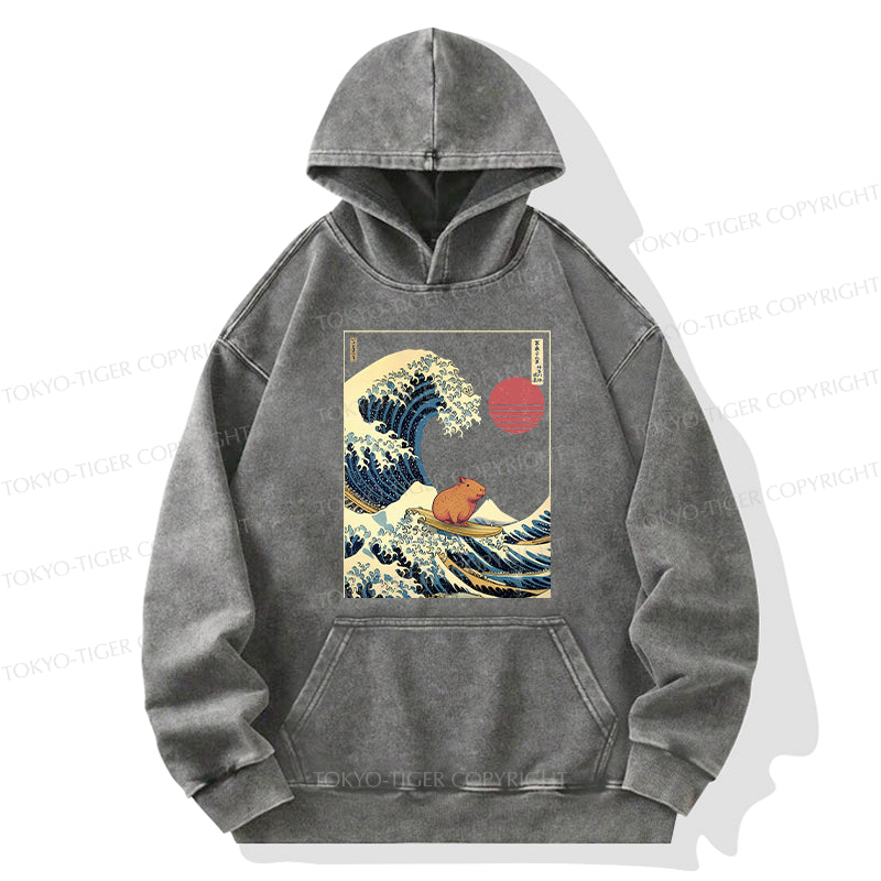 Tokyo-Tiger Capybara Surfing Washed Hoodie