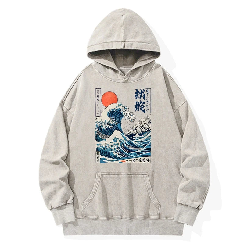 Tokyo-Tiger Ukiyo-e Ocean Waves Japan Washed Hoodie