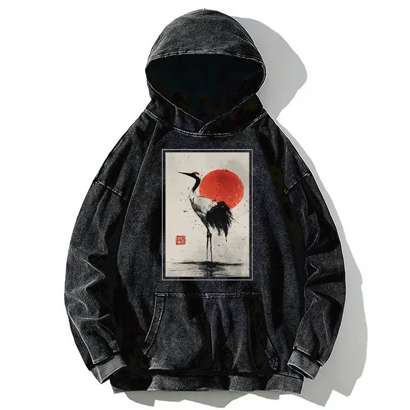 Tokyo-Tiger Retro Japanese Red-crowned Crane Washed Hoodie