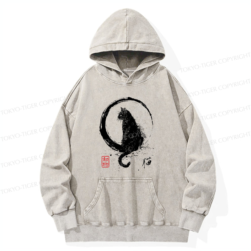 Tokyo-Tiger Retro Japanese Black Cat Washed Hoodie