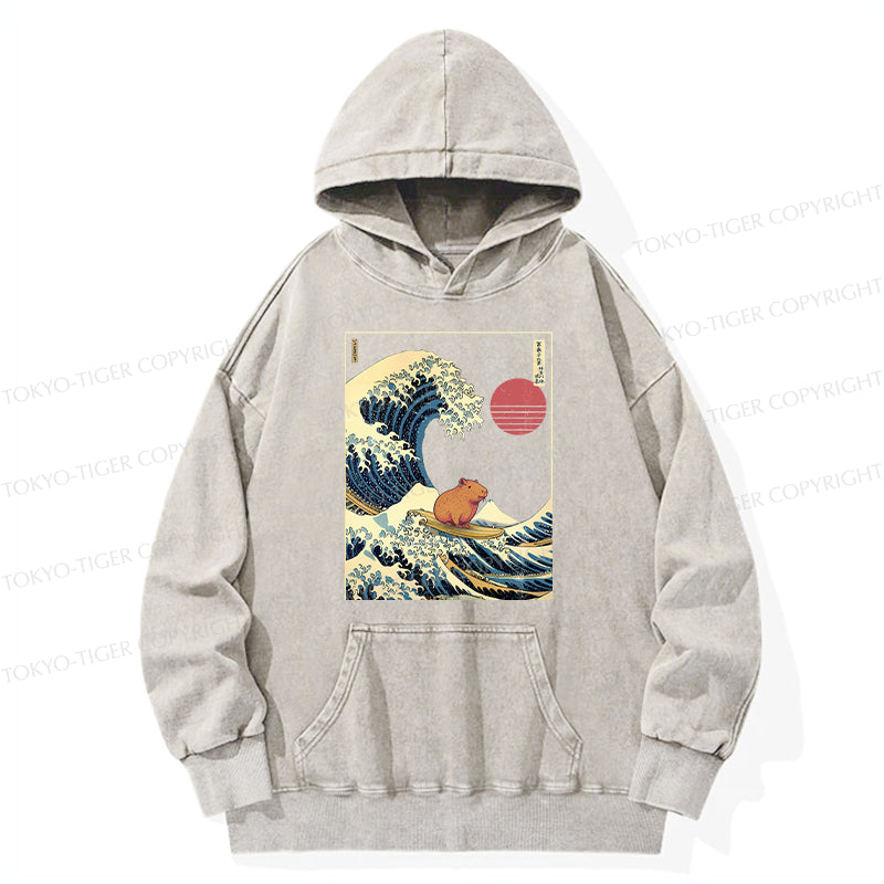Tokyo-Tiger Capybara Surfing Washed Hoodie