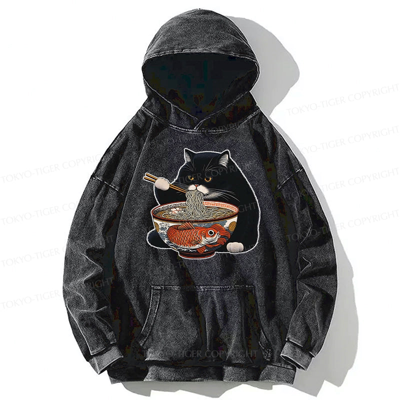 Tokyo-Tiger Fat Cat Eating Ramen Washed Hoodie