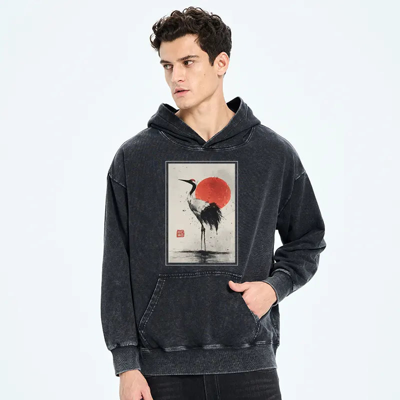 Tokyo-Tiger Retro Japanese Red-crowned Crane Washed Hoodie